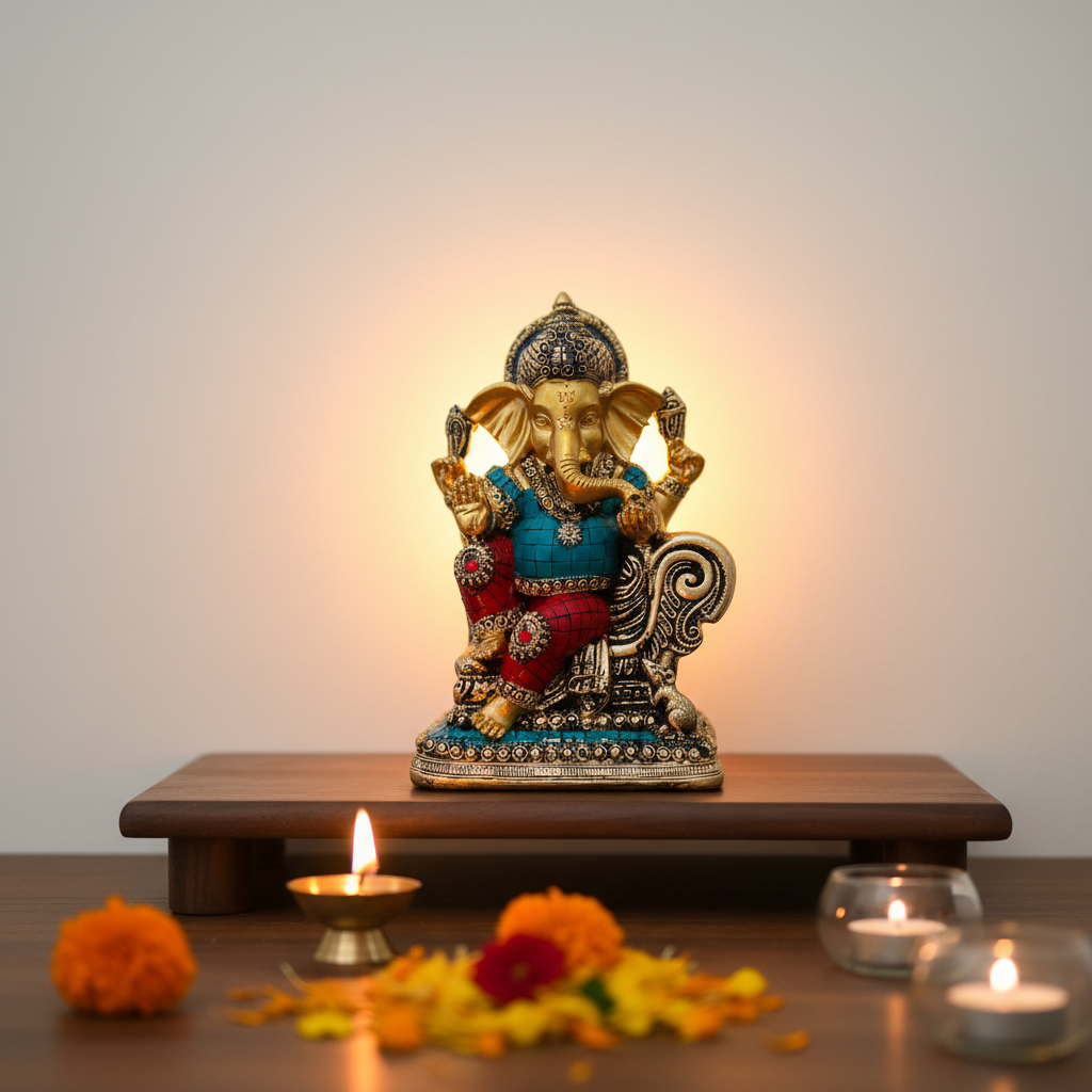 Multicolor Ganesha on Sofa Idol (Resin, 8.5 Inch)