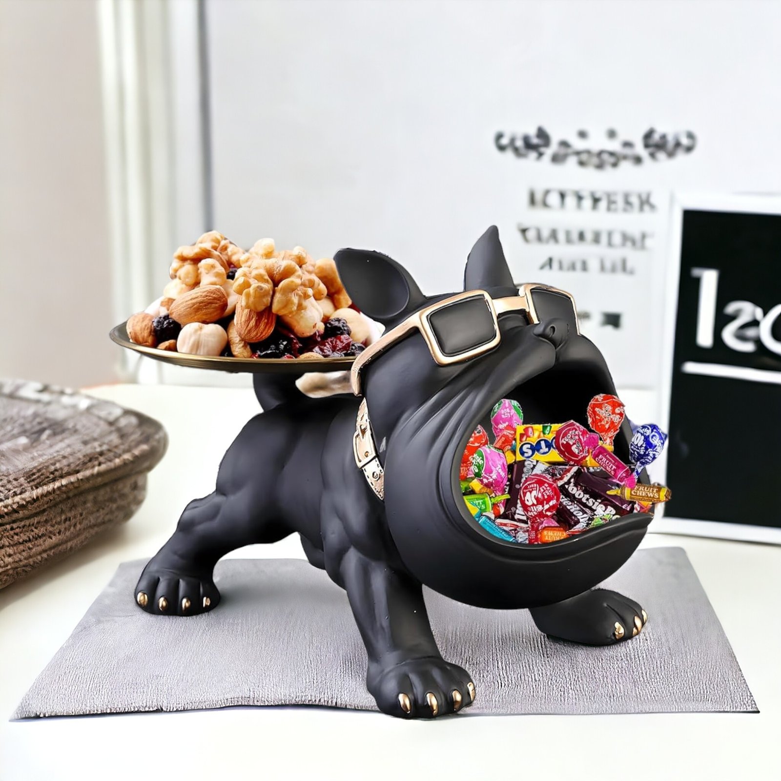 Black Bulldog With Storage Tray (19.5 X 17 X 30 cm)