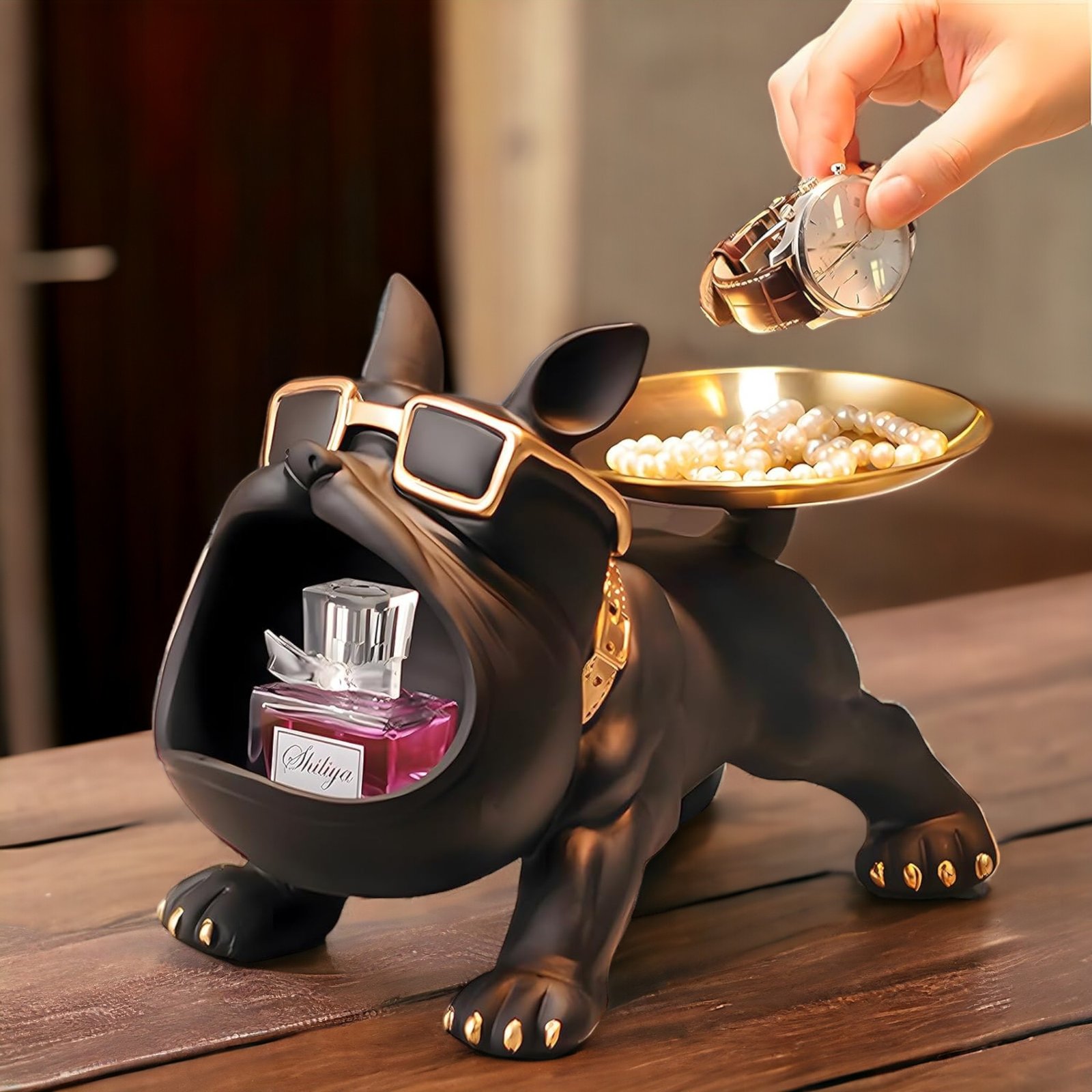 Black Bulldog With Storage Tray (19.5 X 17 X 30 cm)
