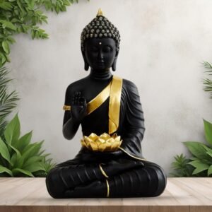 Black Polyresin Sitting Buddha Idol With Candle Holder (26 X 10 X 15 cm)