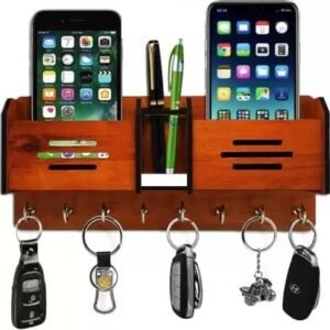 Brown Wall Mounted Wooden Key Hanger and Mobile Holder (8 Hooks)