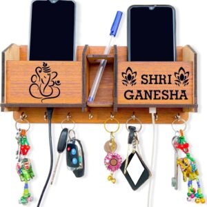 Brown Lord Ganesh Wall Key & Mobile Holder (Wooden, 8 Hooks)