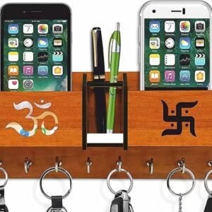 Brown Wall Mounted Om Swastik Wooden Key Hanger and Mobile Holder (8 Hooks)