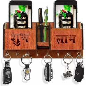 Brown Shubh Labh Wall Key & Mobile Holder (Wooden, 8 Hooks)