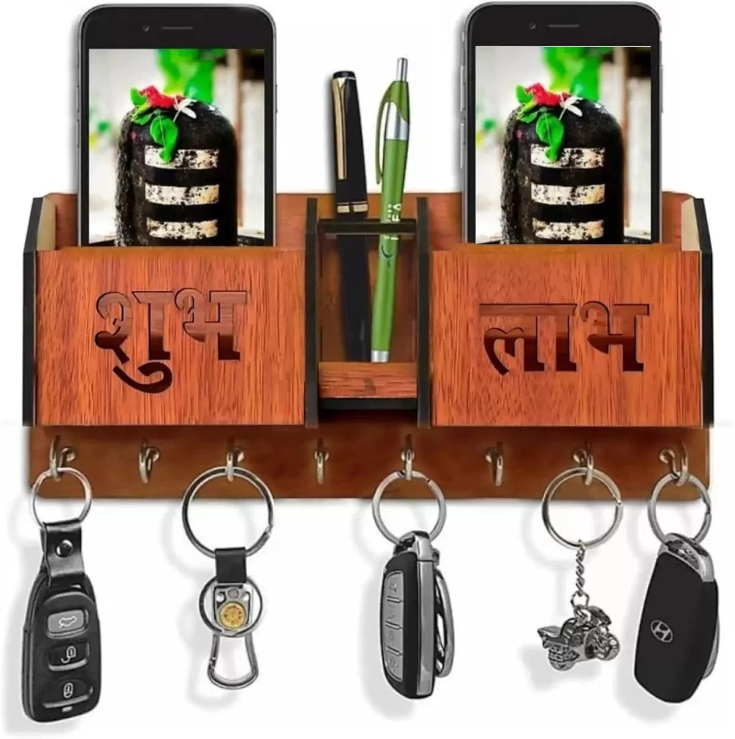 Brown Shubh Labh Wall Key & Mobile Holder (Wooden, 8 Hooks)