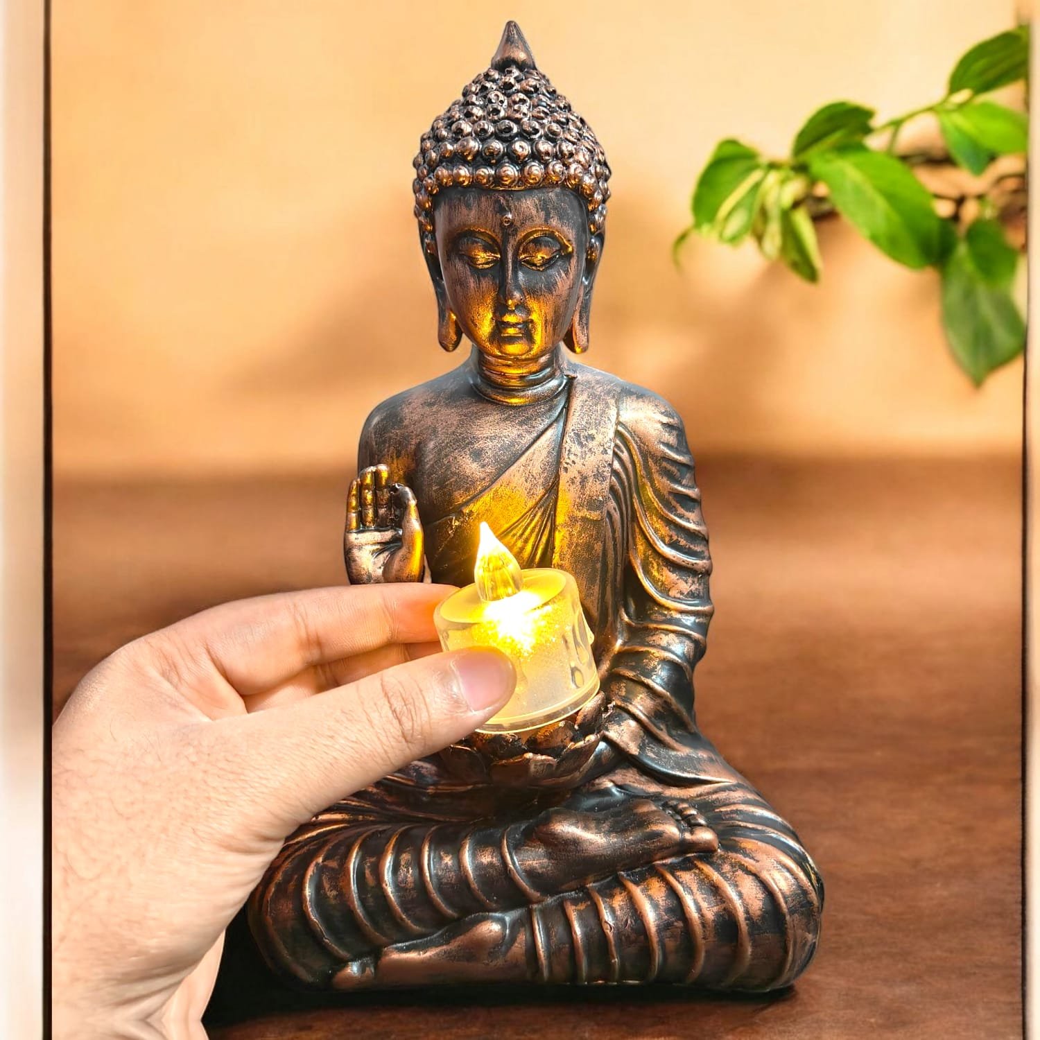 Copper Sitting Buddha Idol with Candle Holder Polyresin (26x10x15 cm)