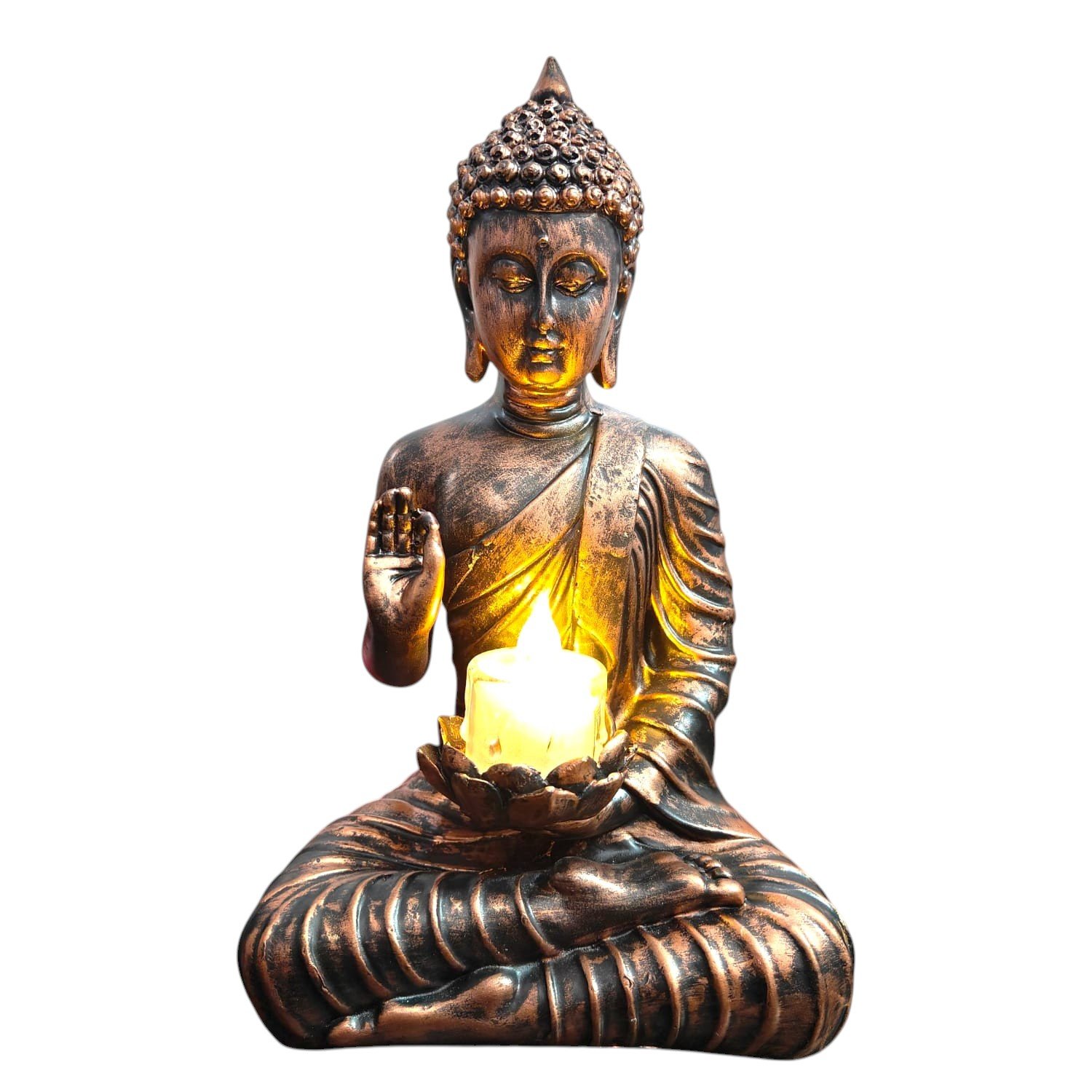Copper Sitting Buddha Idol with Candle Holder Polyresin (26x10x15 cm)