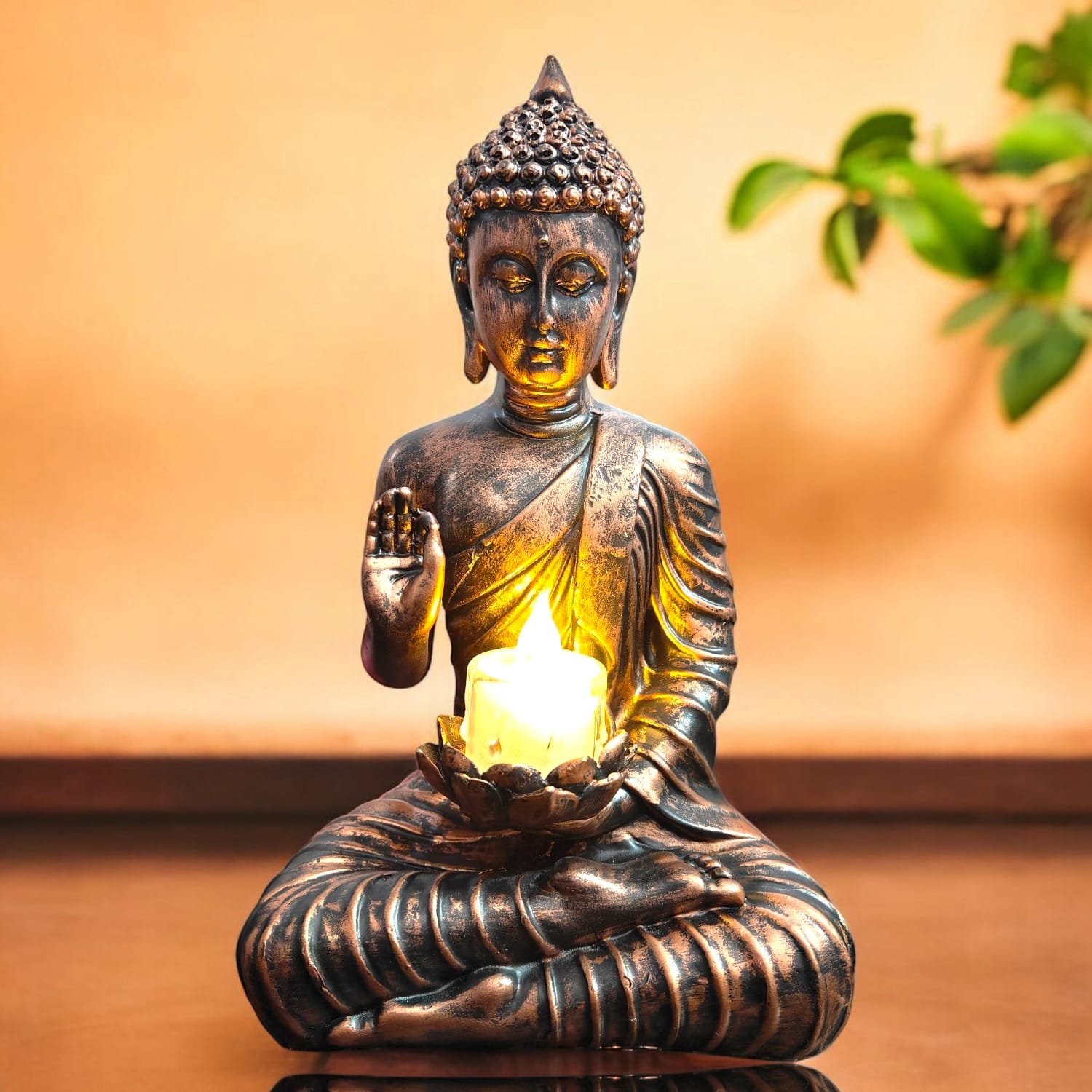 Copper Sitting Buddha Idol with Candle Holder Polyresin (26x10x15 cm)