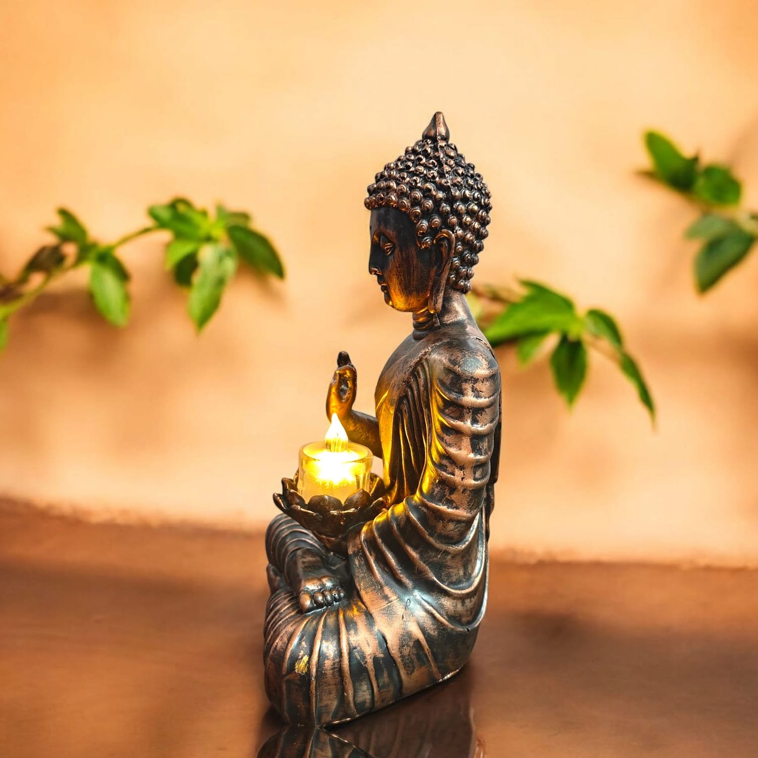 Copper Sitting Buddha Idol with Candle Holder Polyresin (26x10x15 cm)