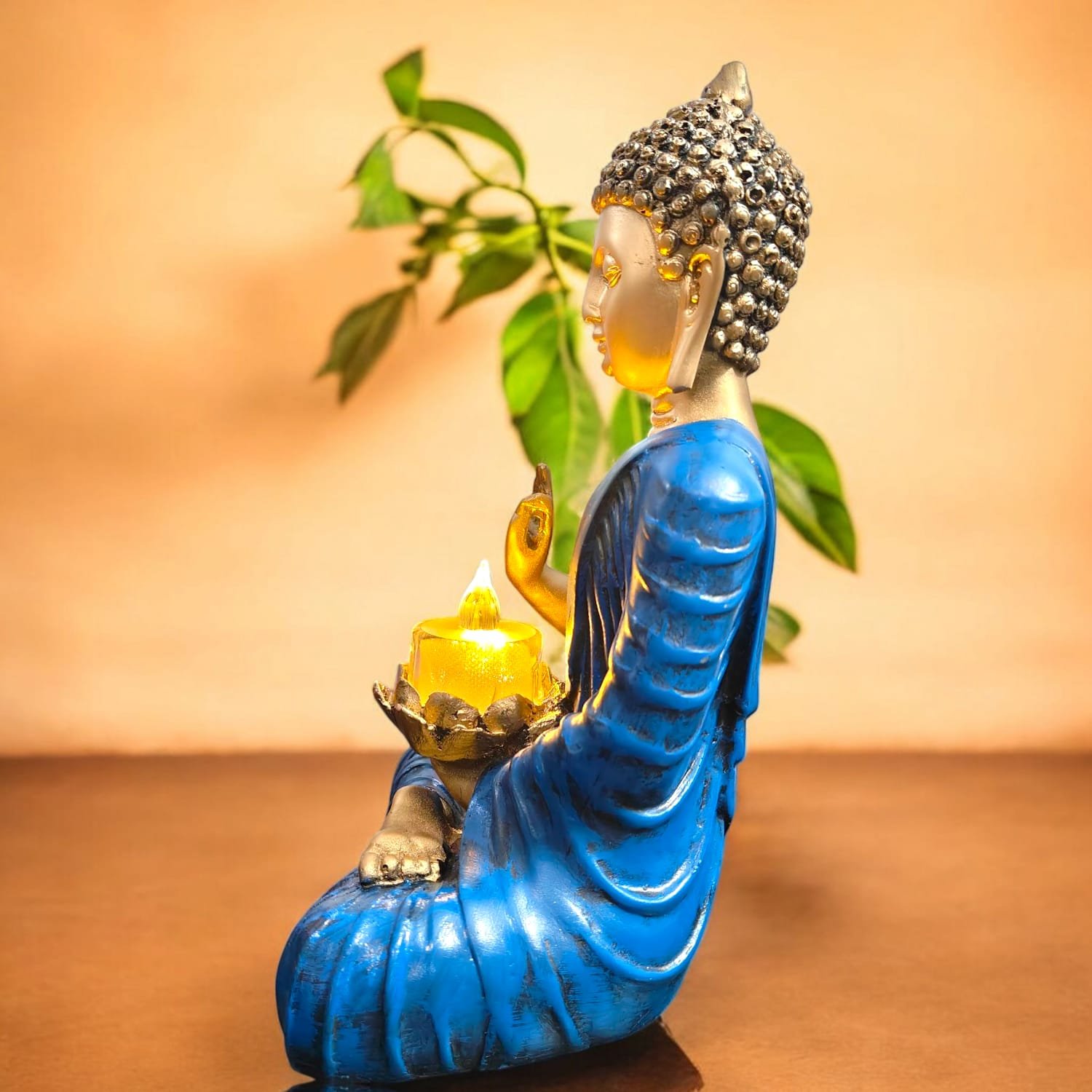 Blue Gold Buddha Idol with Candle Holder Polyresin (26x10x15 cm)