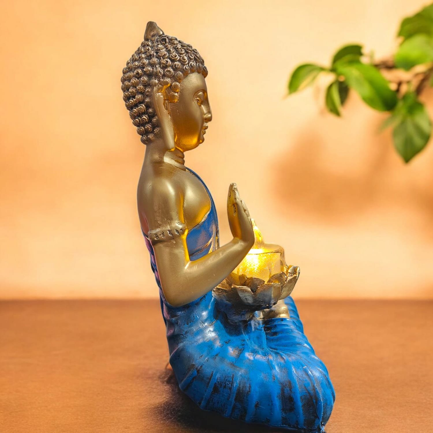 Blue Gold Buddha Idol with Candle Holder Polyresin (26x10x15 cm)
