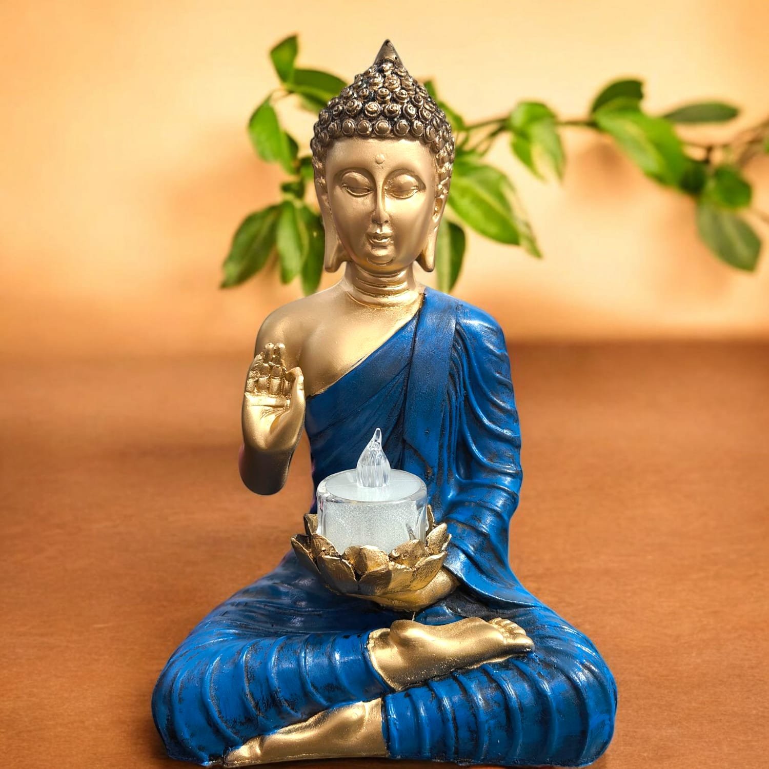 Blue Gold Buddha Idol with Candle Holder Polyresin (26x10x15 cm)
