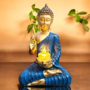 Blue Gold Buddha Idol with Candle Holder Polyresin (26x10x15 cm)