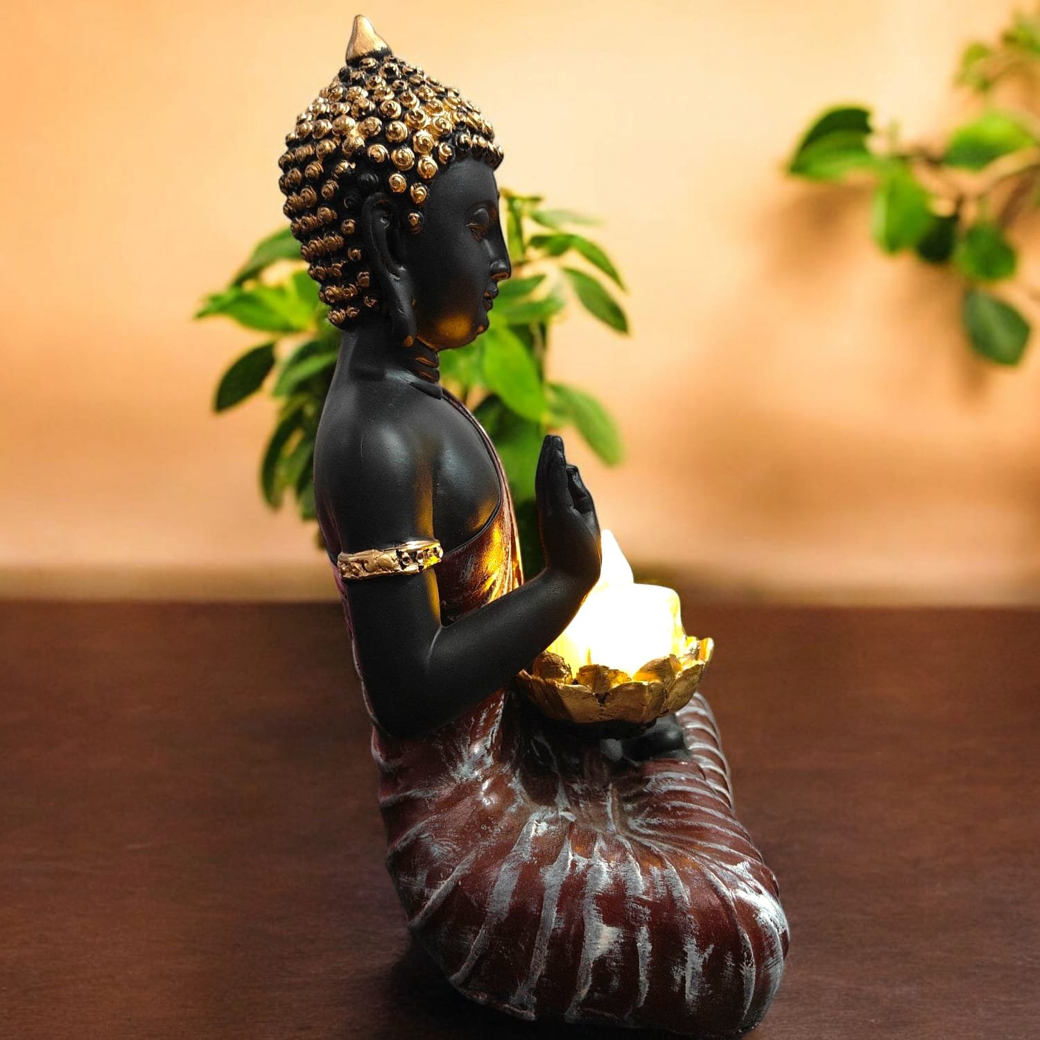 Black & Red Buddha Idol with Candle Holder Polyresin (26x10x15 cm)