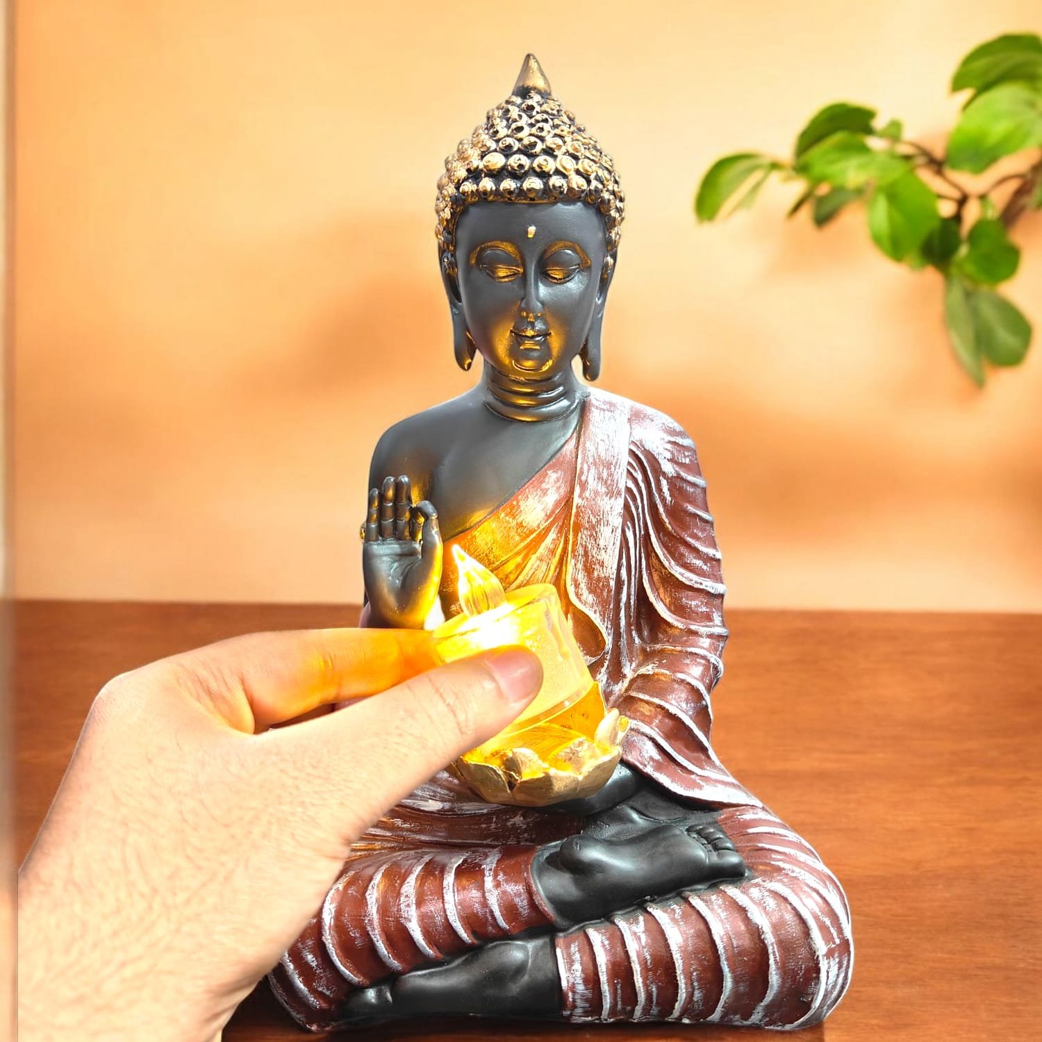 Black & Red Buddha Idol with Candle Holder Polyresin (26x10x15 cm)