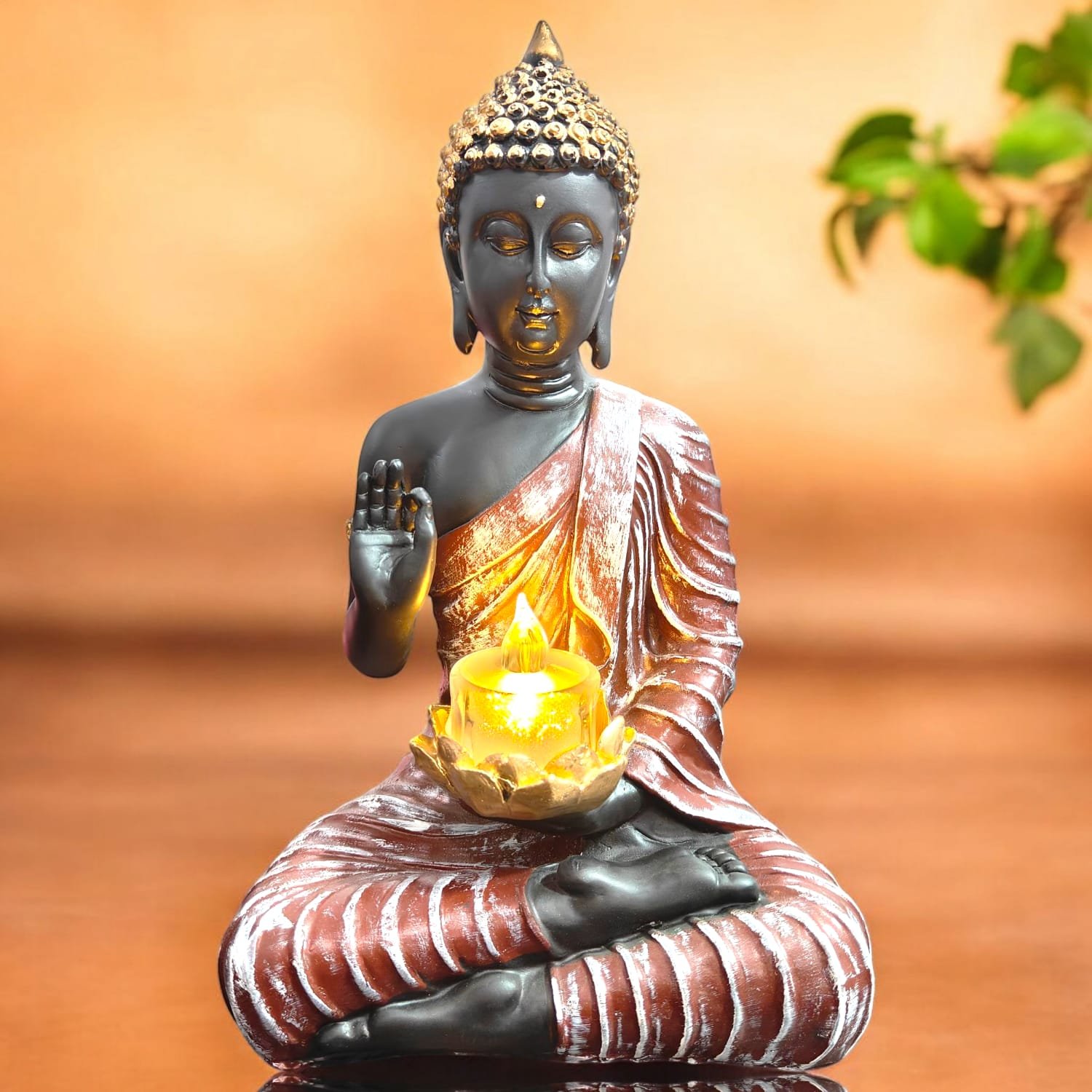 Black & Red Buddha Idol with Candle Holder Polyresin (26x10x15 cm)