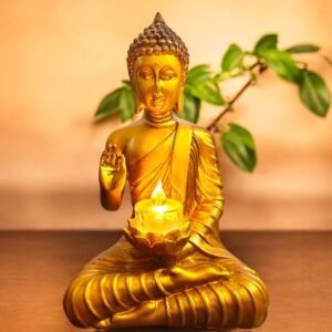 Gold Polyresin Sitting Buddha Idol With Candle Holder (26 X 10 X 15 cm)