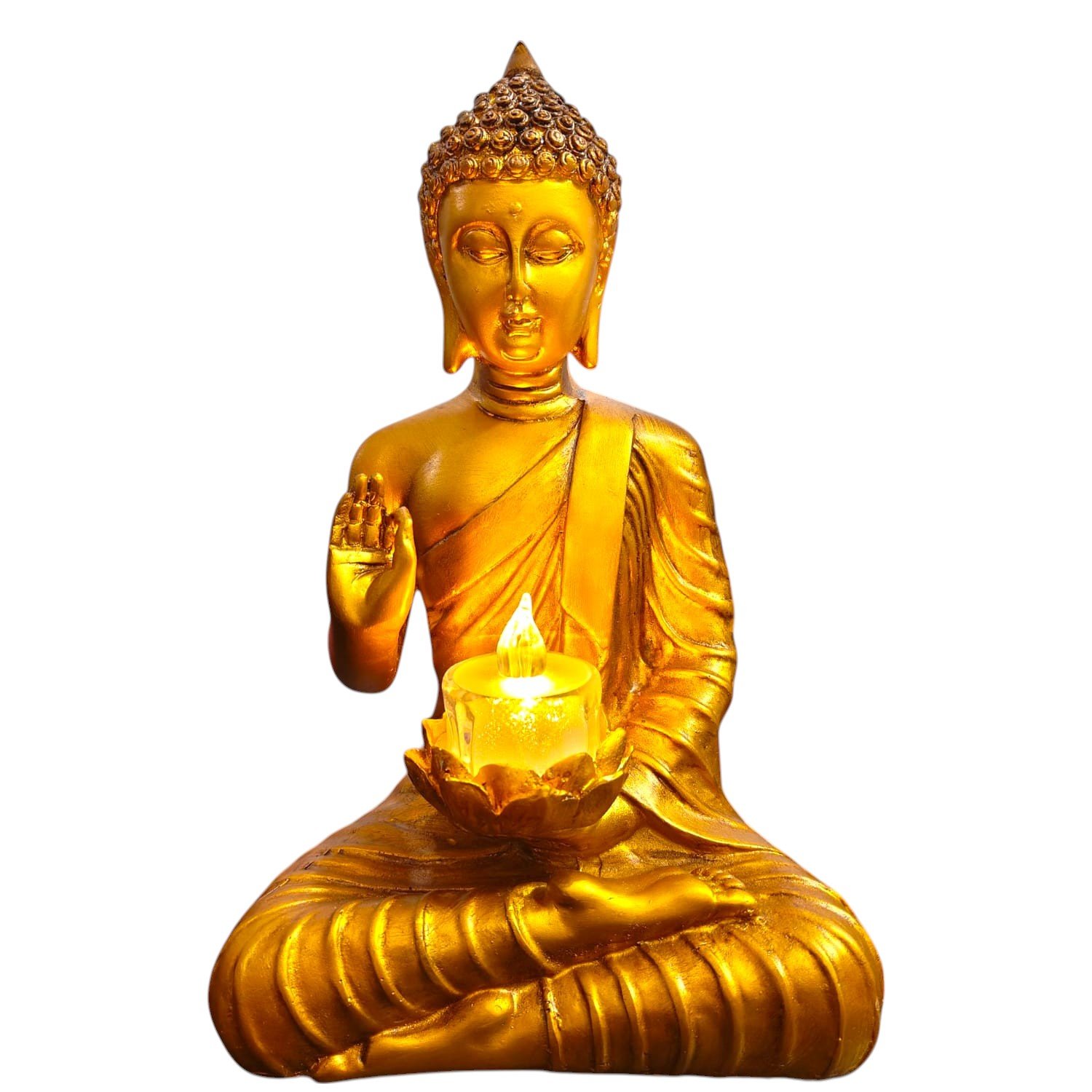 Gold Polyresin Sitting Buddha Idol With Candle Holder (26 X 10 X 15 cm)