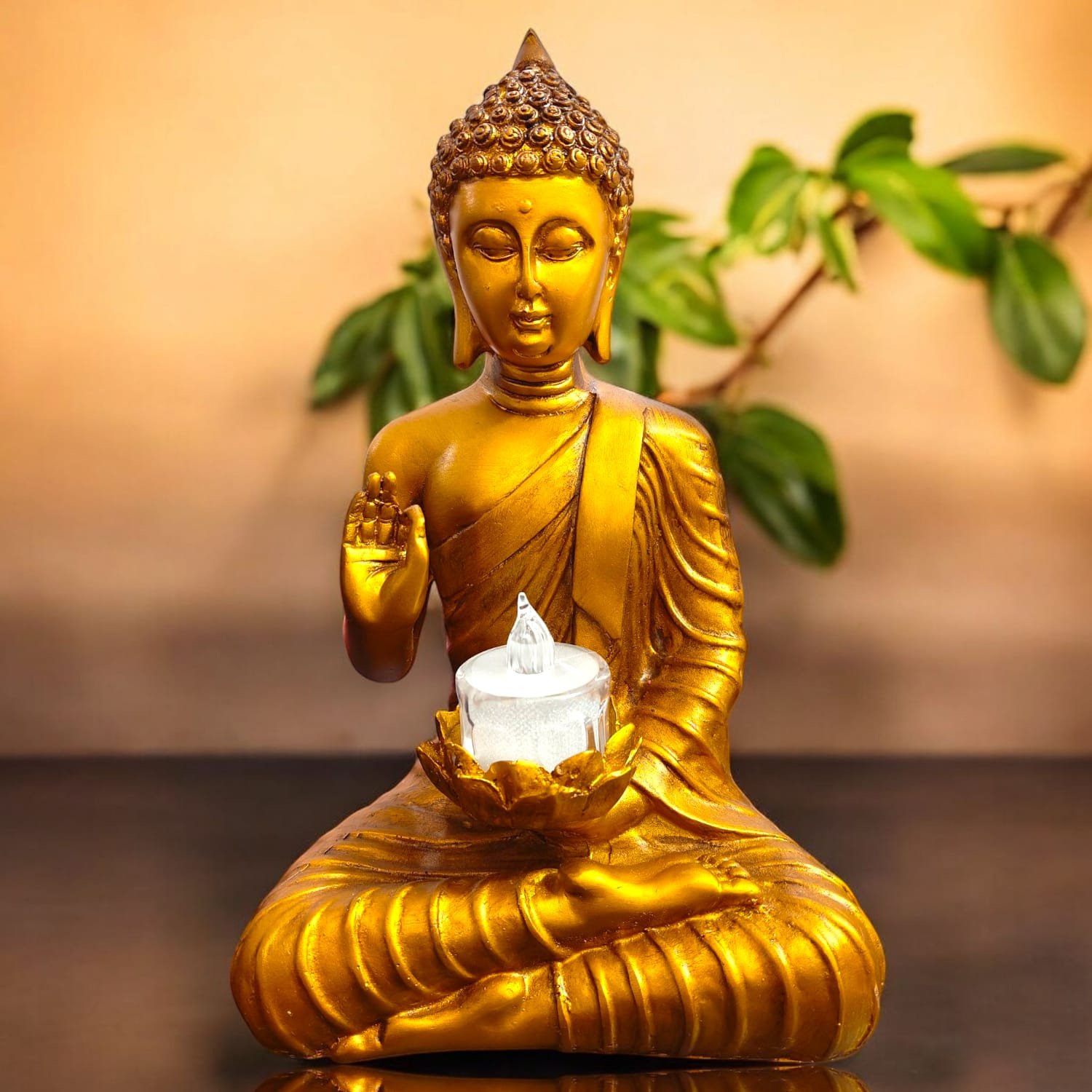 Gold Polyresin Sitting Buddha Idol With Candle Holder (26 X 10 X 15 cm)
