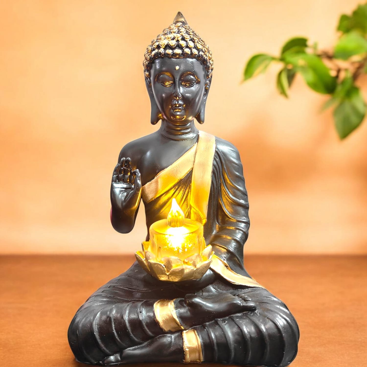 Black Polyresin Sitting Buddha Idol With Candle Holder (26 X 10 X 15 cm)