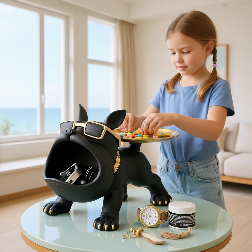 Black Bulldog With Storage Tray (19.5 X 17 X 30 cm)