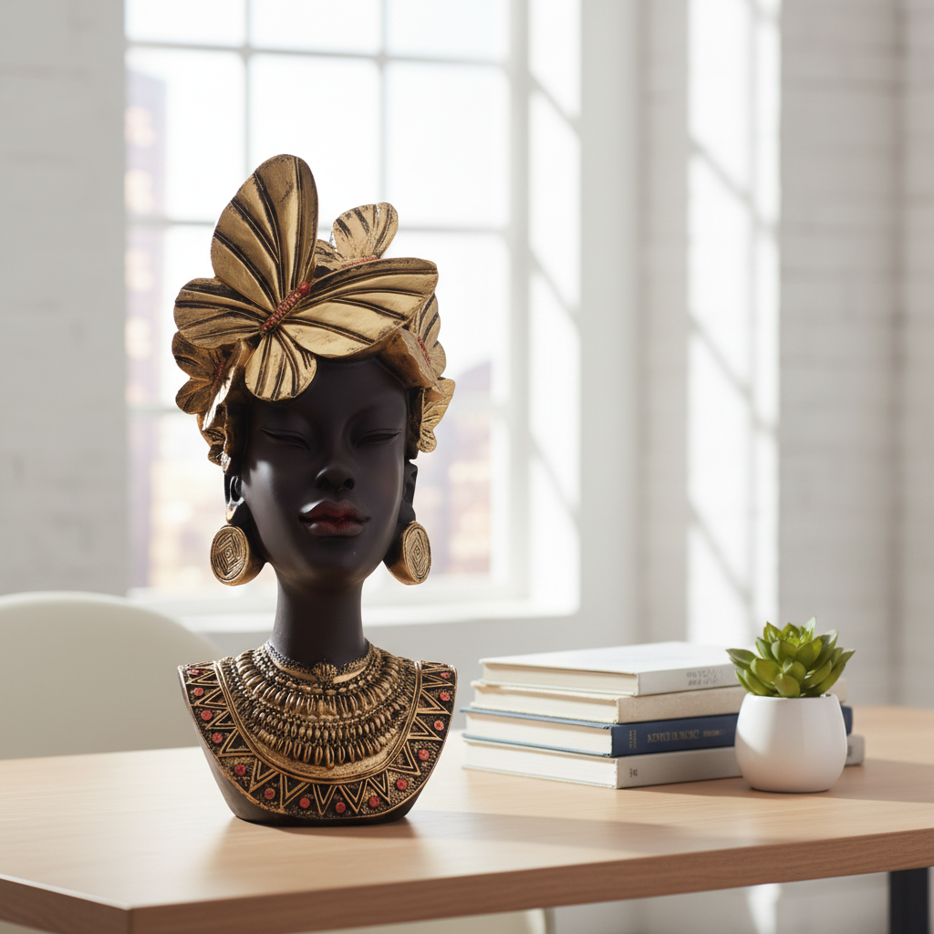 African Lady Bust Statue (27 cm, Black & Gold)