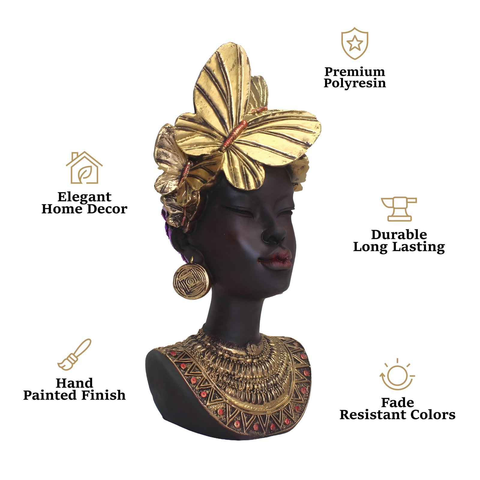 African Lady Bust Statue (27 cm, Black & Gold)