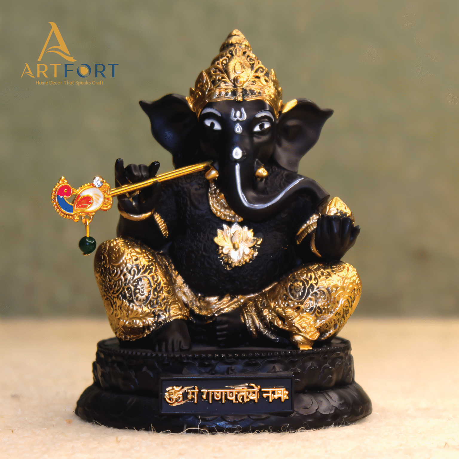 Ganesha Idol with Flute 3.5 Inch (Black)