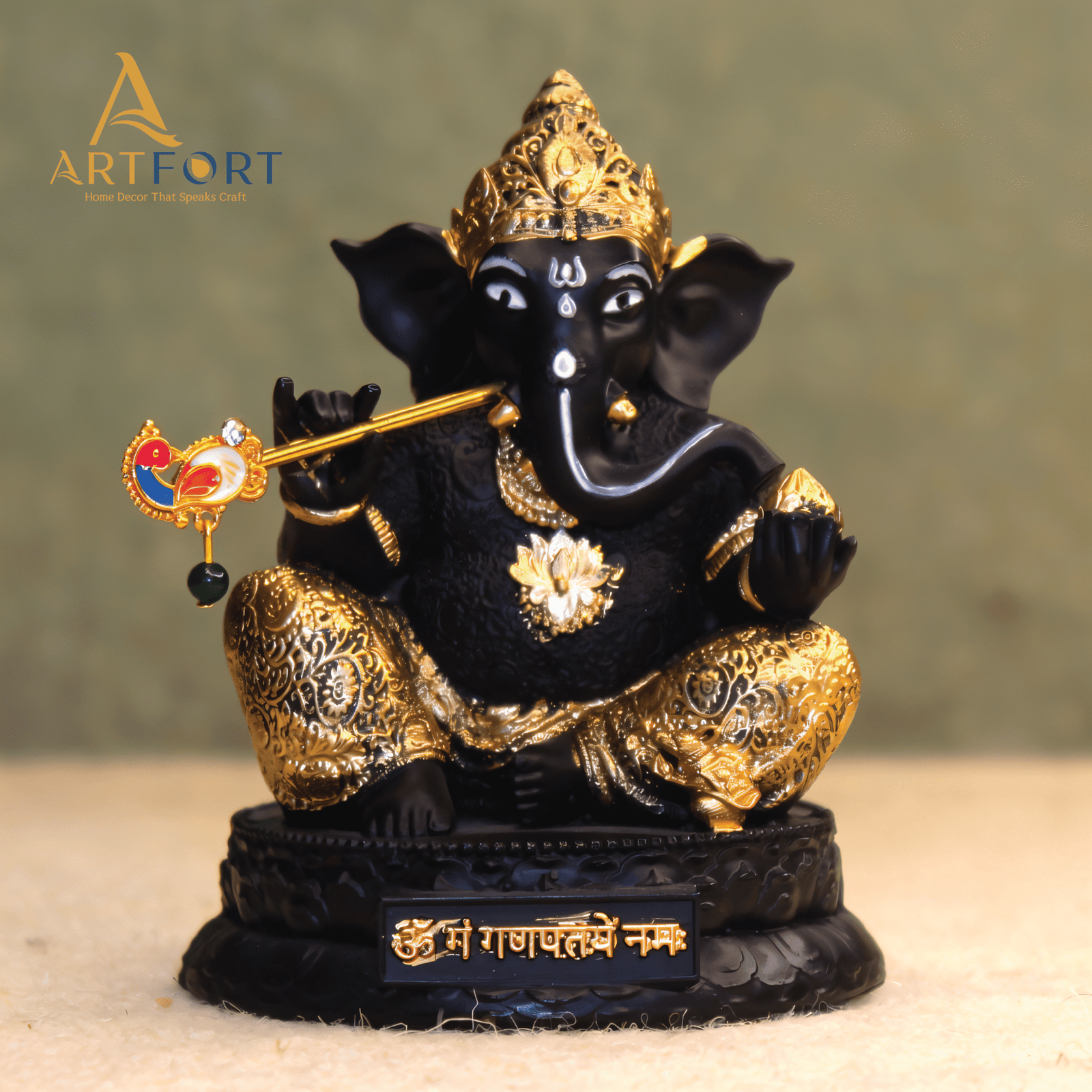 Ganesha Idol with Flute 3.5 Inch (Black)