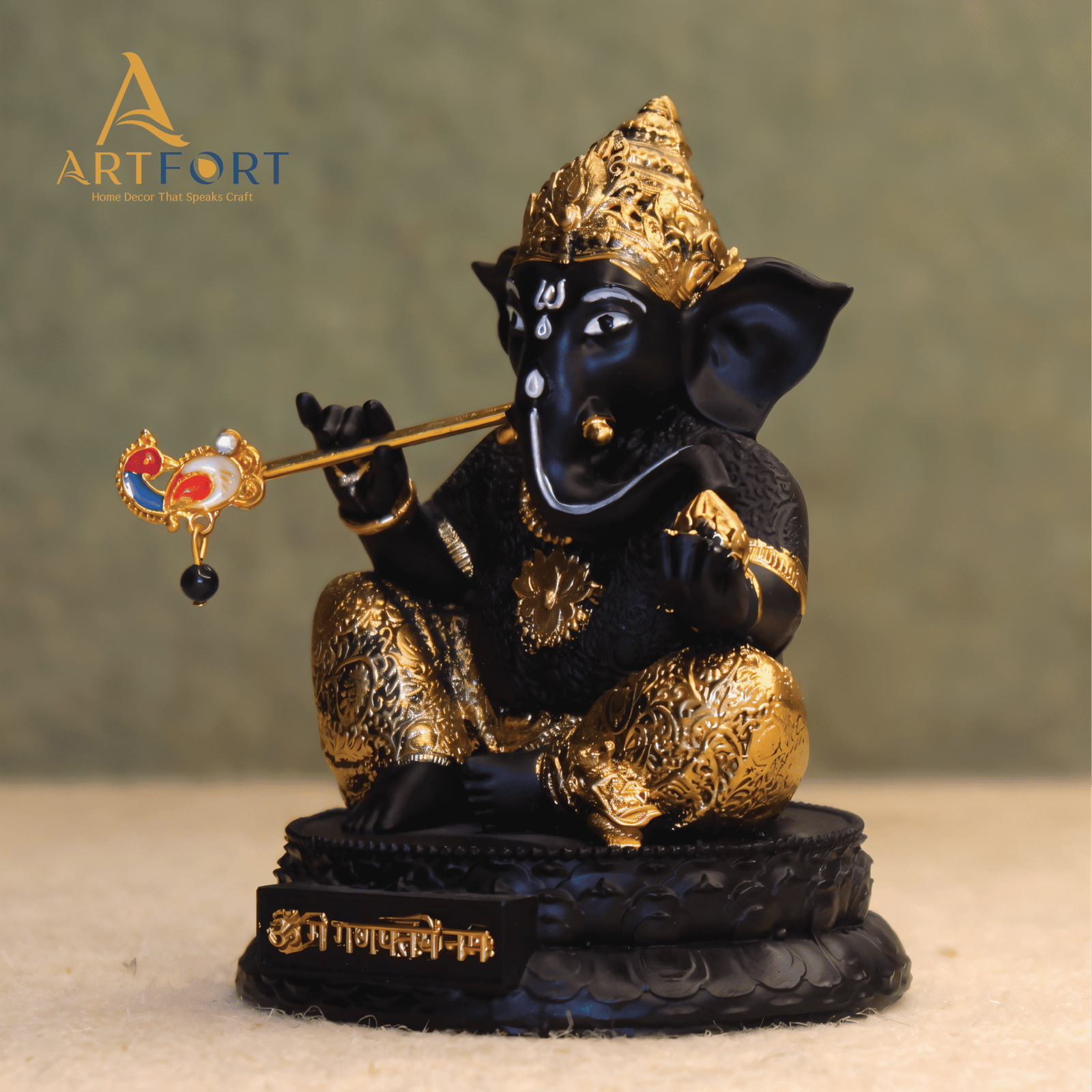Ganesha Idol with Flute 3.5 Inch (Black)