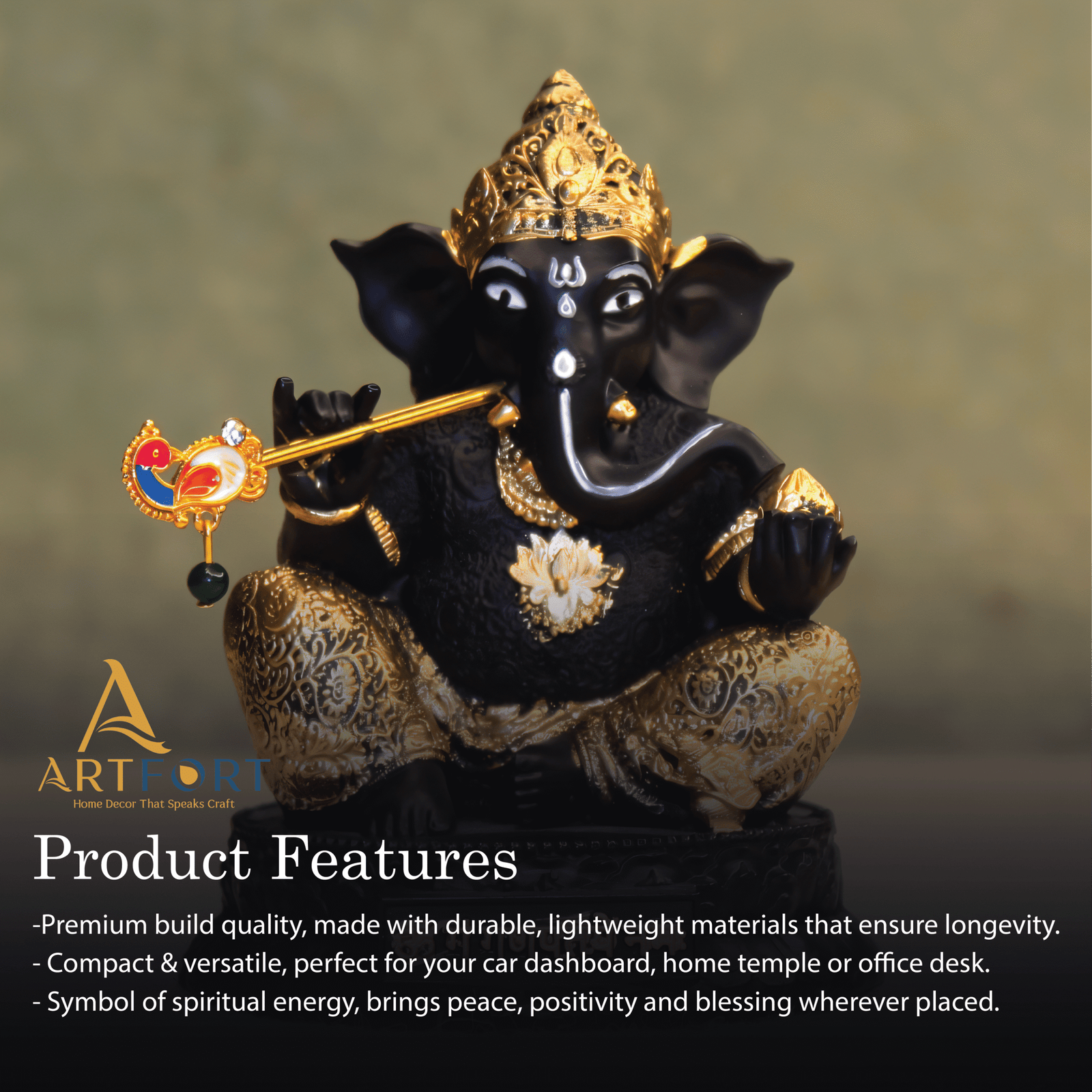 Ganesha Idol with Flute 3.5 Inch (Black)