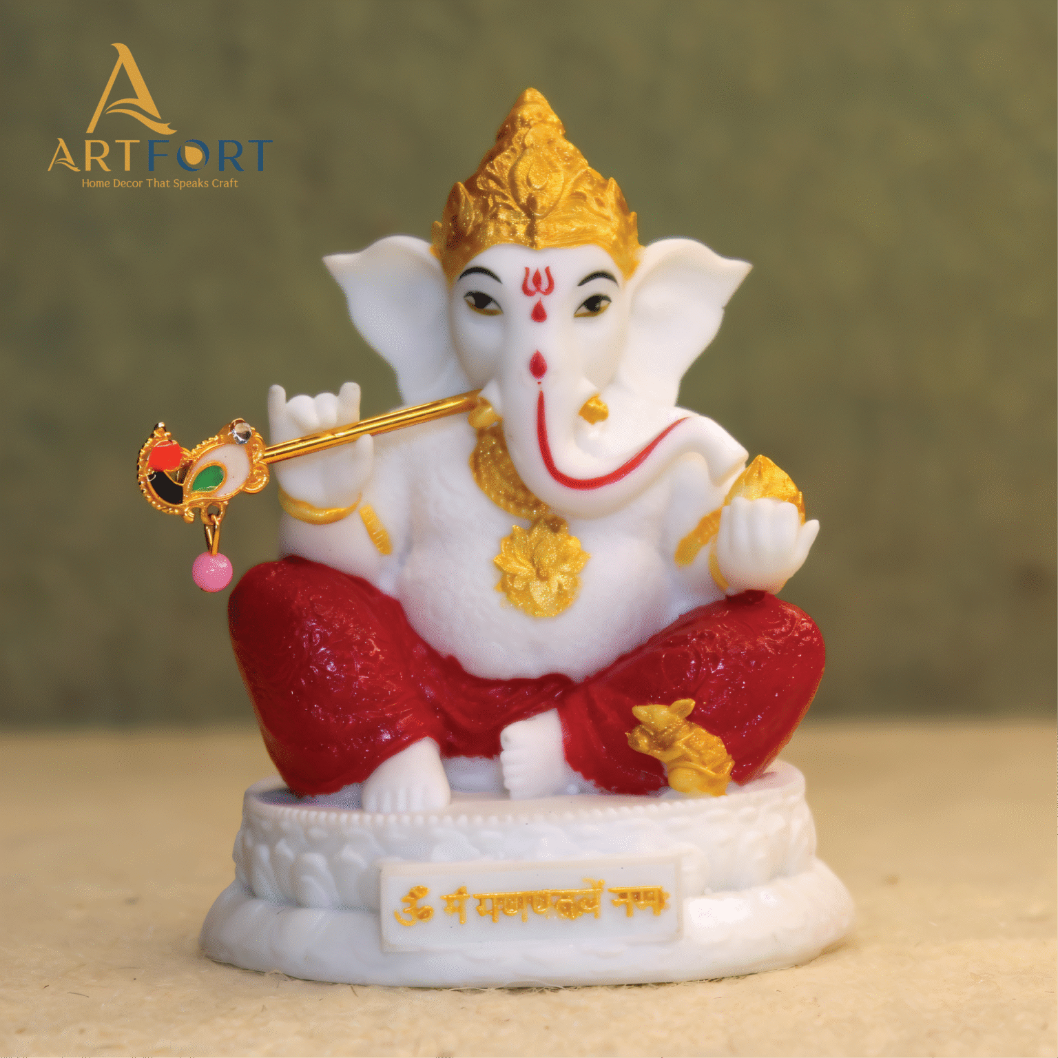 Ganesha Idol with Flute 3.5 Inch (White-Gold)