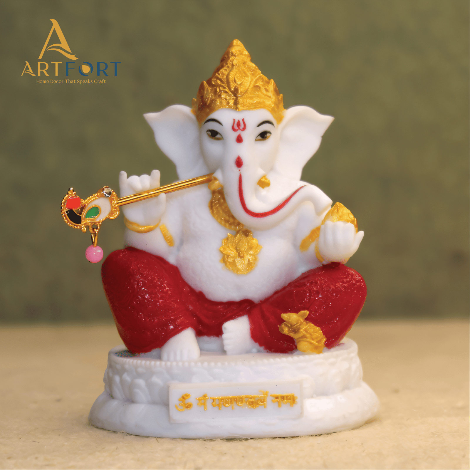 Ganesha Idol with Flute 3.5 Inch (White-Gold)