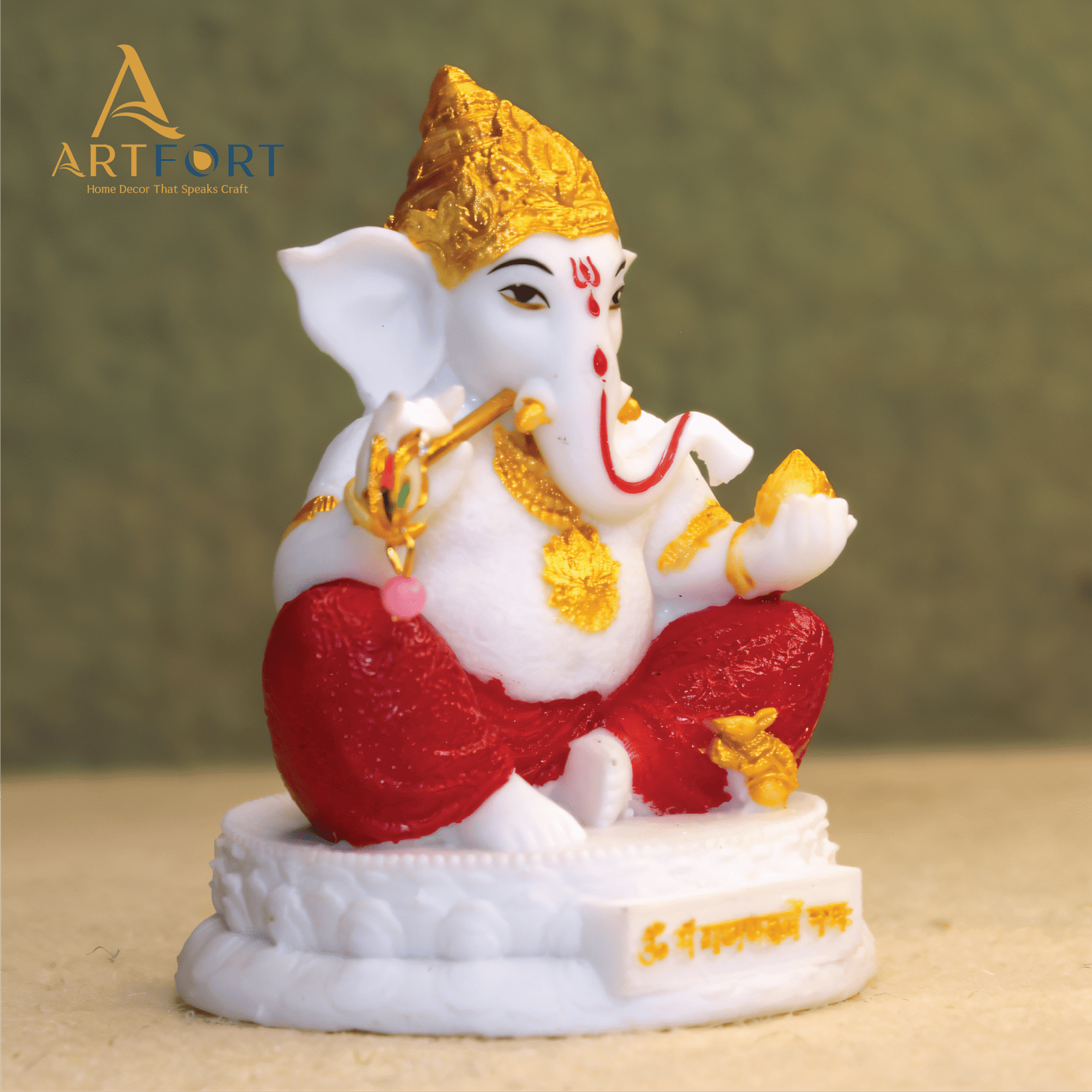 Ganesha Idol with Flute 3.5 Inch (White-Gold)