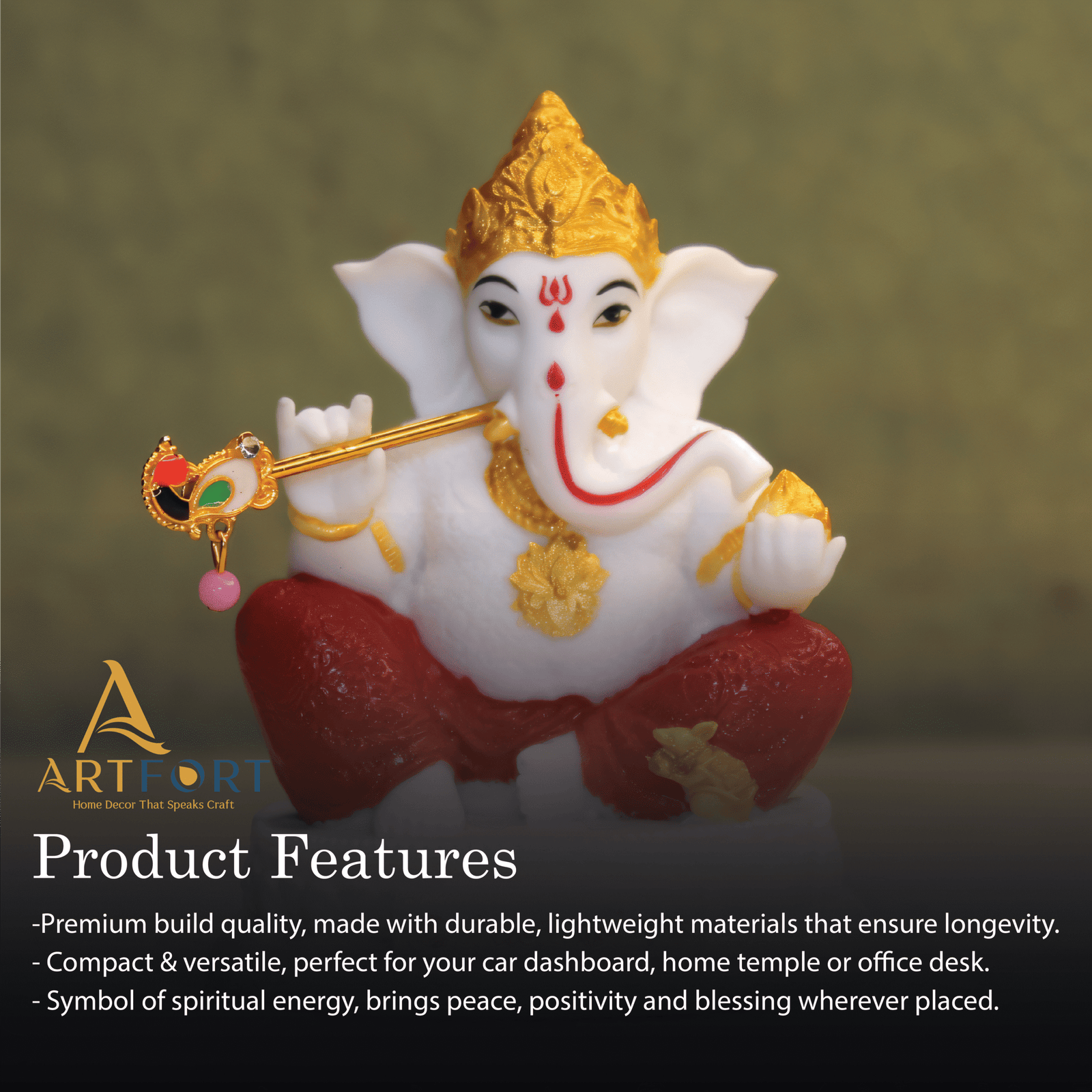 Ganesha Idol with Flute 3.5 Inch (White-Gold)