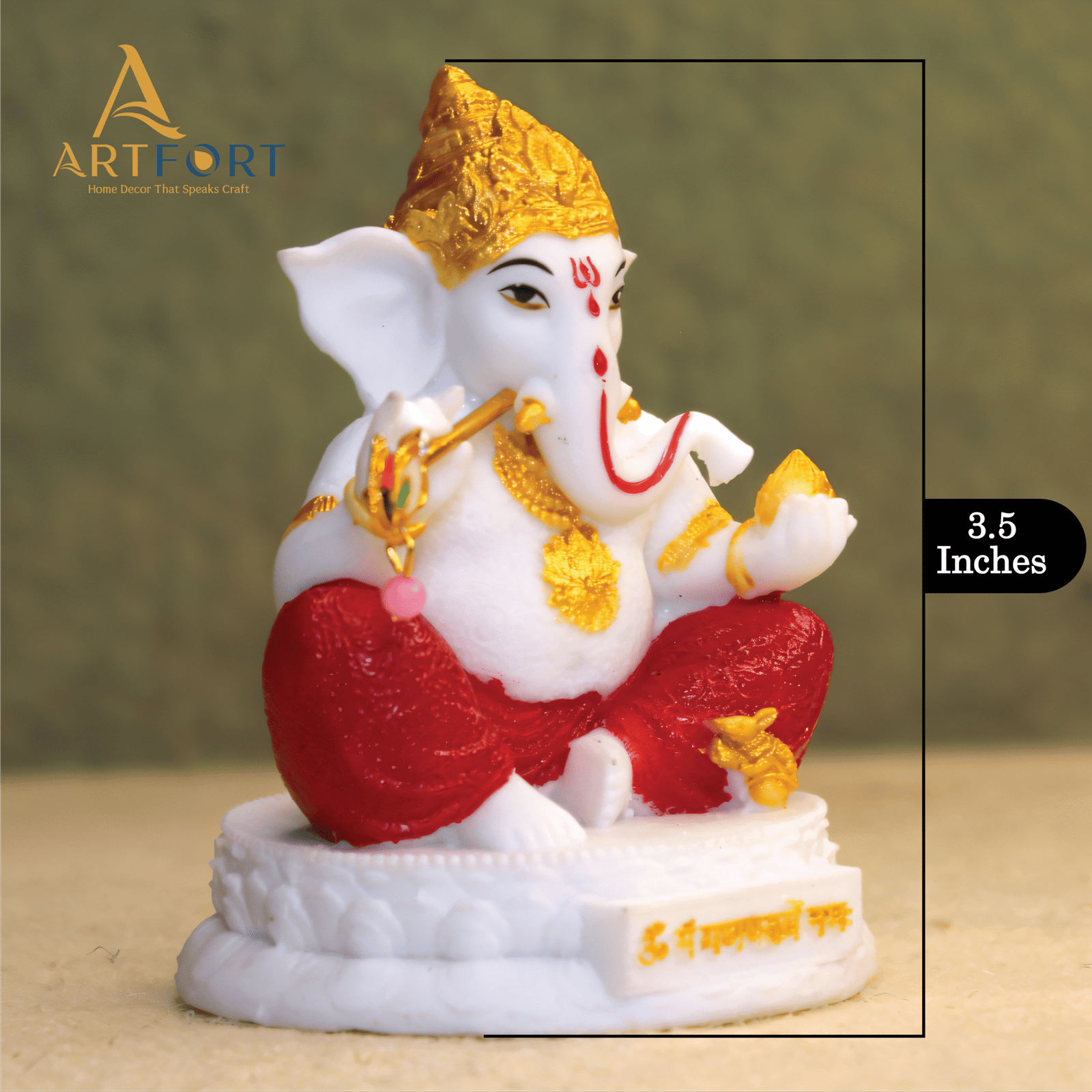 Ganesha Idol with Flute 3.5 Inch (White-Gold)