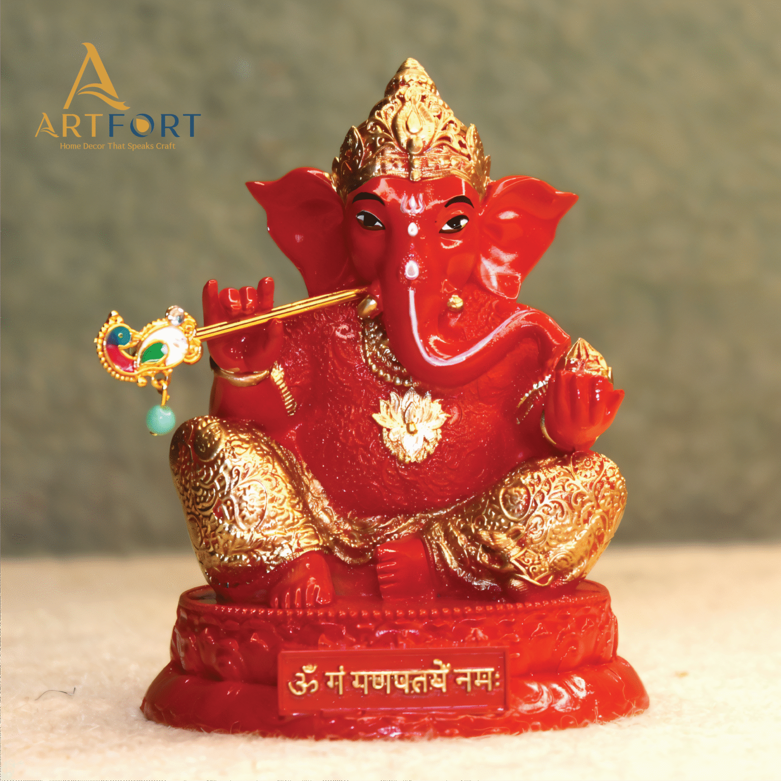 Ganesha Idol with Flute 3.5 Inch (Red)