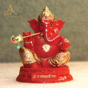 Ganesha Idol with Flute 3.5 Inch (Red)