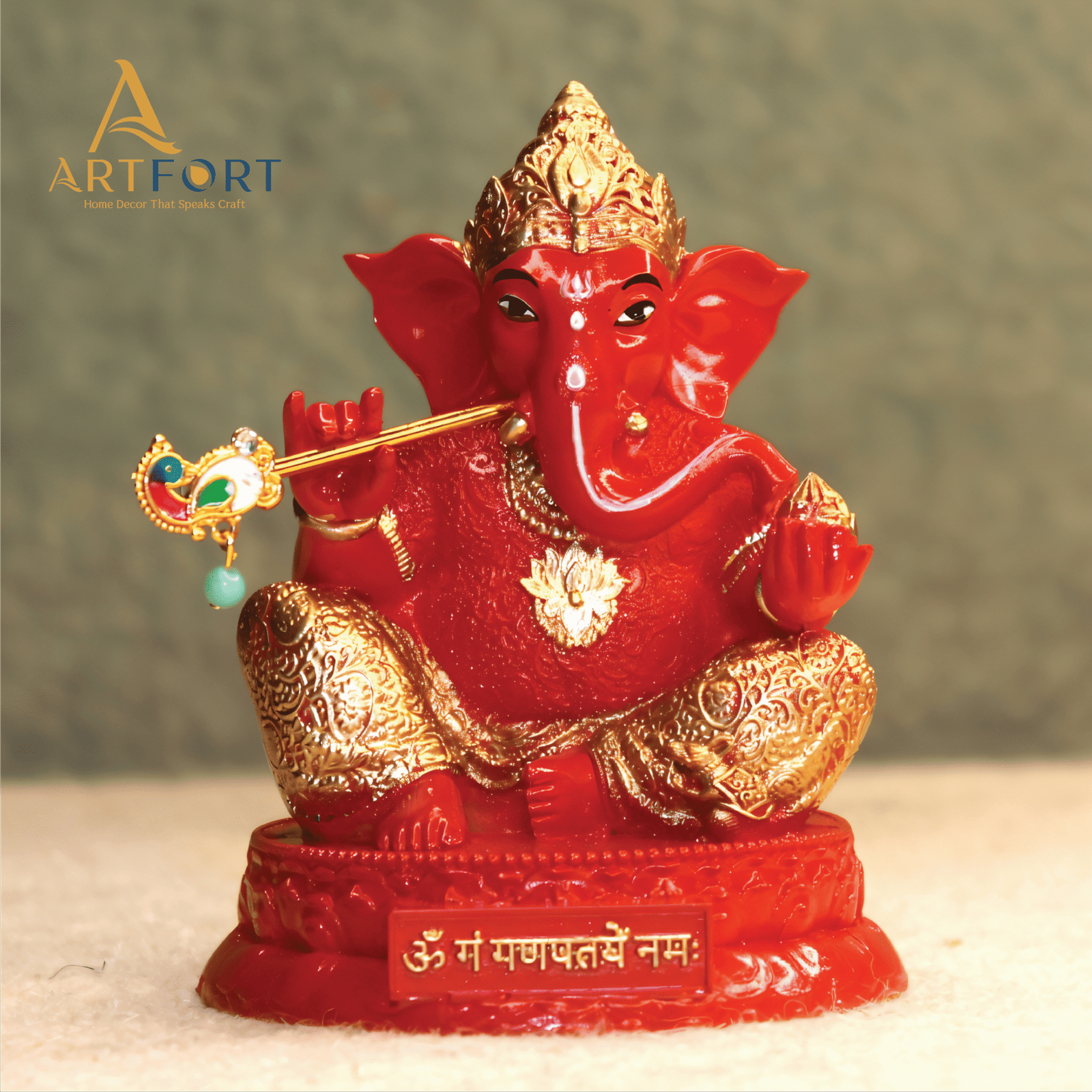 Ganesha Idol with Flute 3.5 Inch (Red)