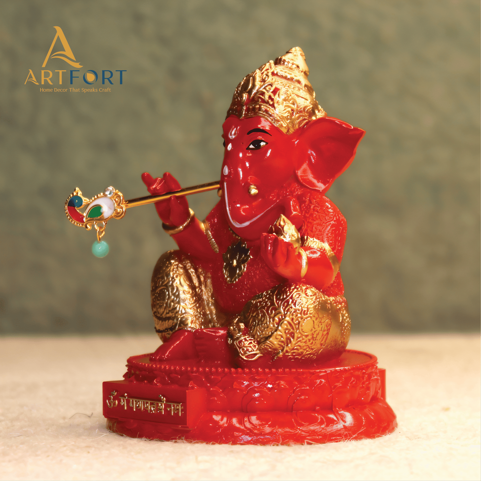 Ganesha Idol with Flute 3.5 Inch (Red)