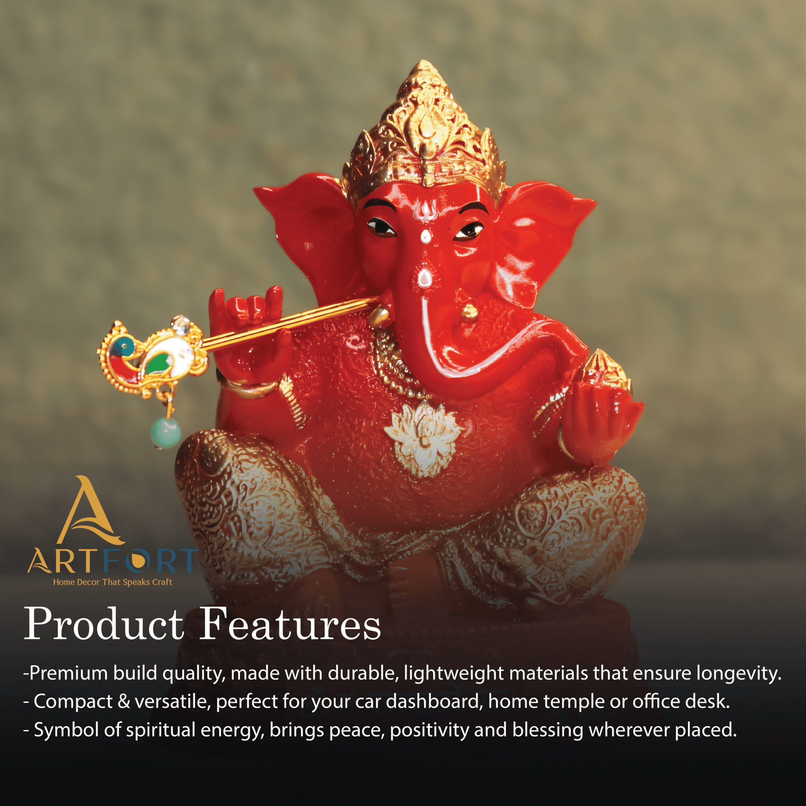 Ganesha Idol with Flute 3.5 Inch (Red)