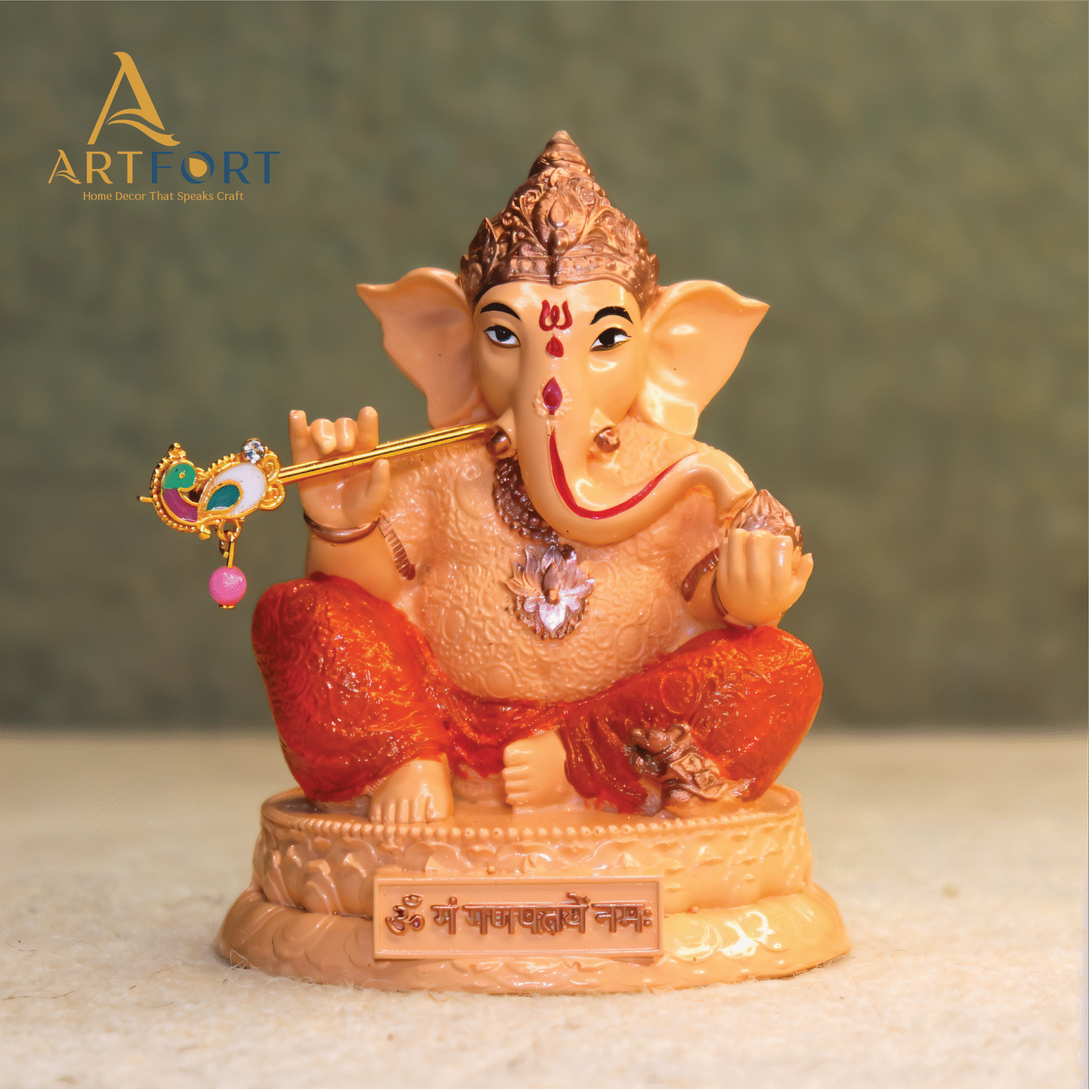 Ganesha Idol with Flute 3.5 Inch (Orange-Cream)