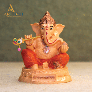 Ganesha Idol with Flute 3.5 Inch (Orange-Cream)