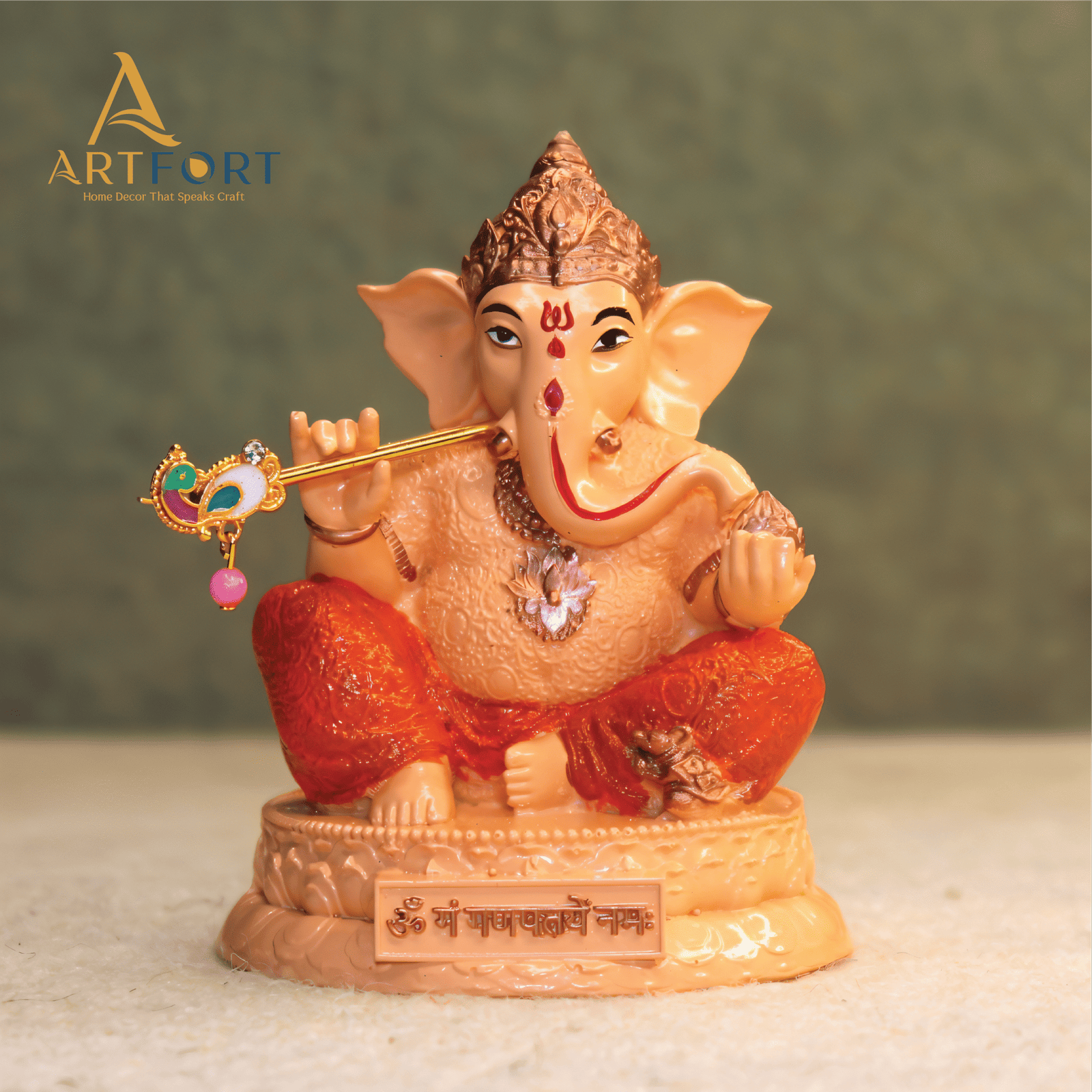 Ganesha Idol with Flute 3.5 Inch (Orange-Cream)