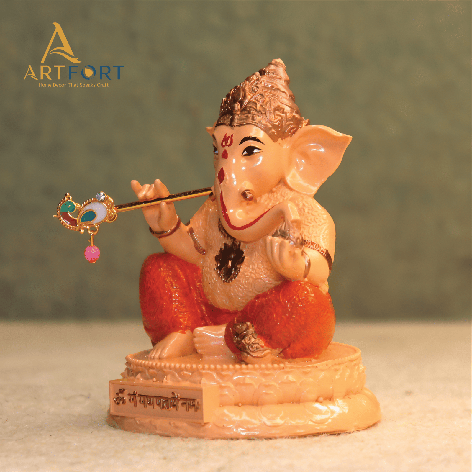 Ganesha Idol with Flute 3.5 Inch (Orange-Cream)