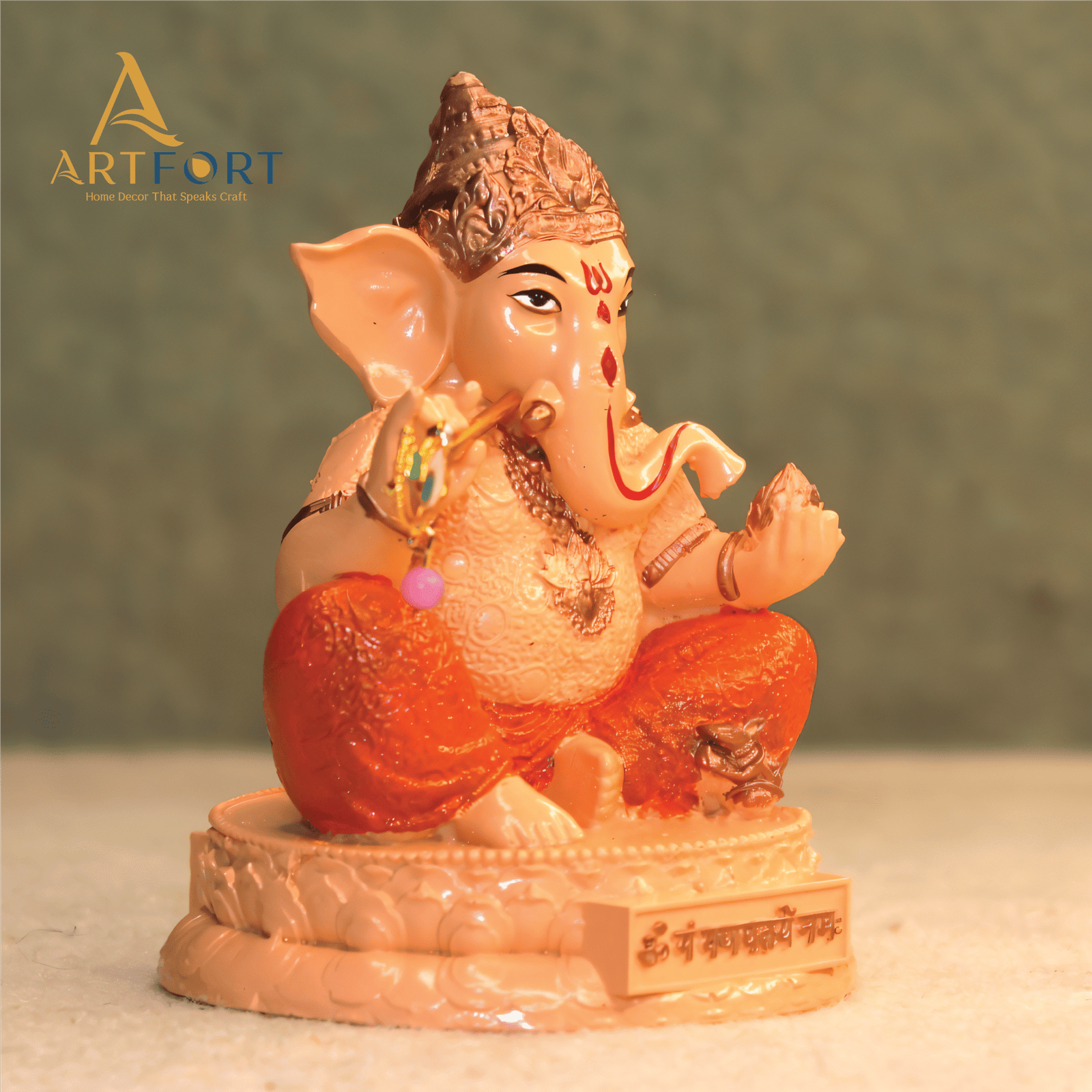 Ganesha Idol with Flute 3.5 Inch (Orange-Cream)