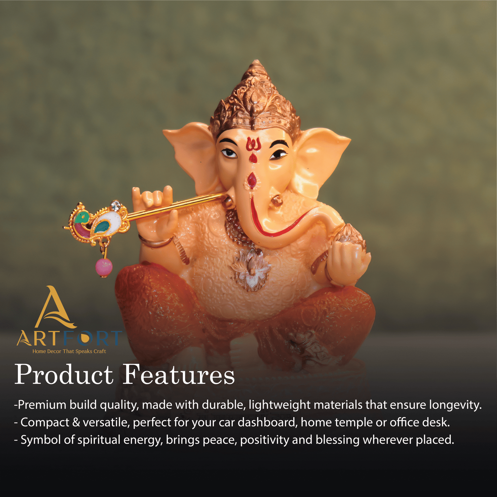 Ganesha Idol with Flute 3.5 Inch (Orange-Cream)
