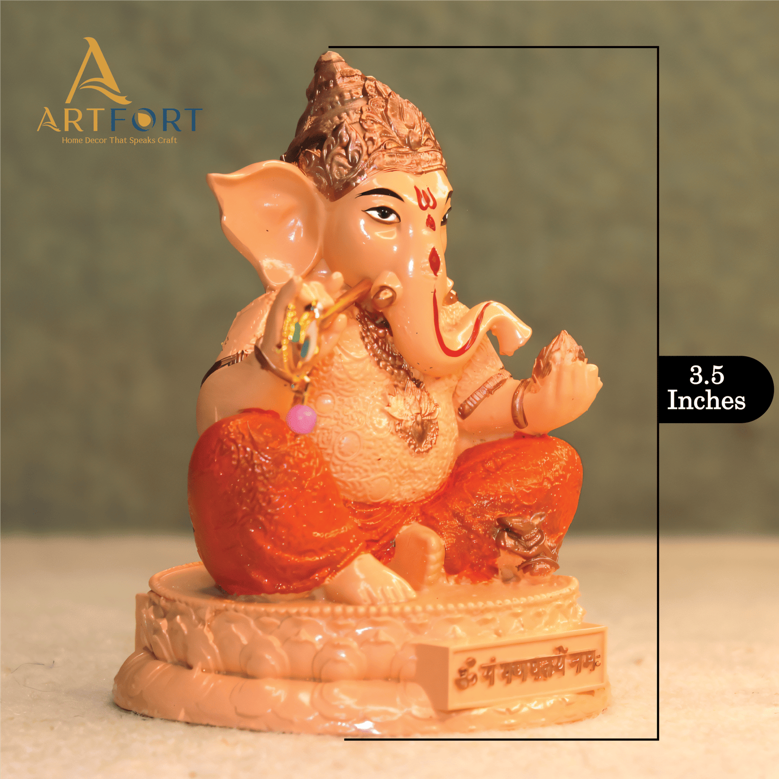 Ganesha Idol with Flute 3.5 Inch (Orange-Cream)